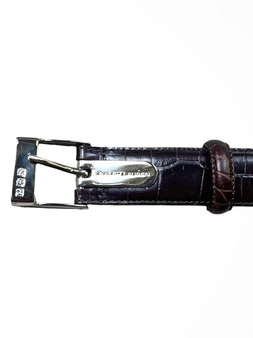 Vintage Ralph Lauren Crocodile Embossed Brown Leather Belt w/Silver Tone Buckle,